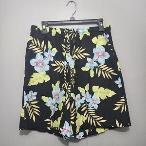 Erika Women's Black Floral Cotton Shorts Size Large Cruise Vacation Beach